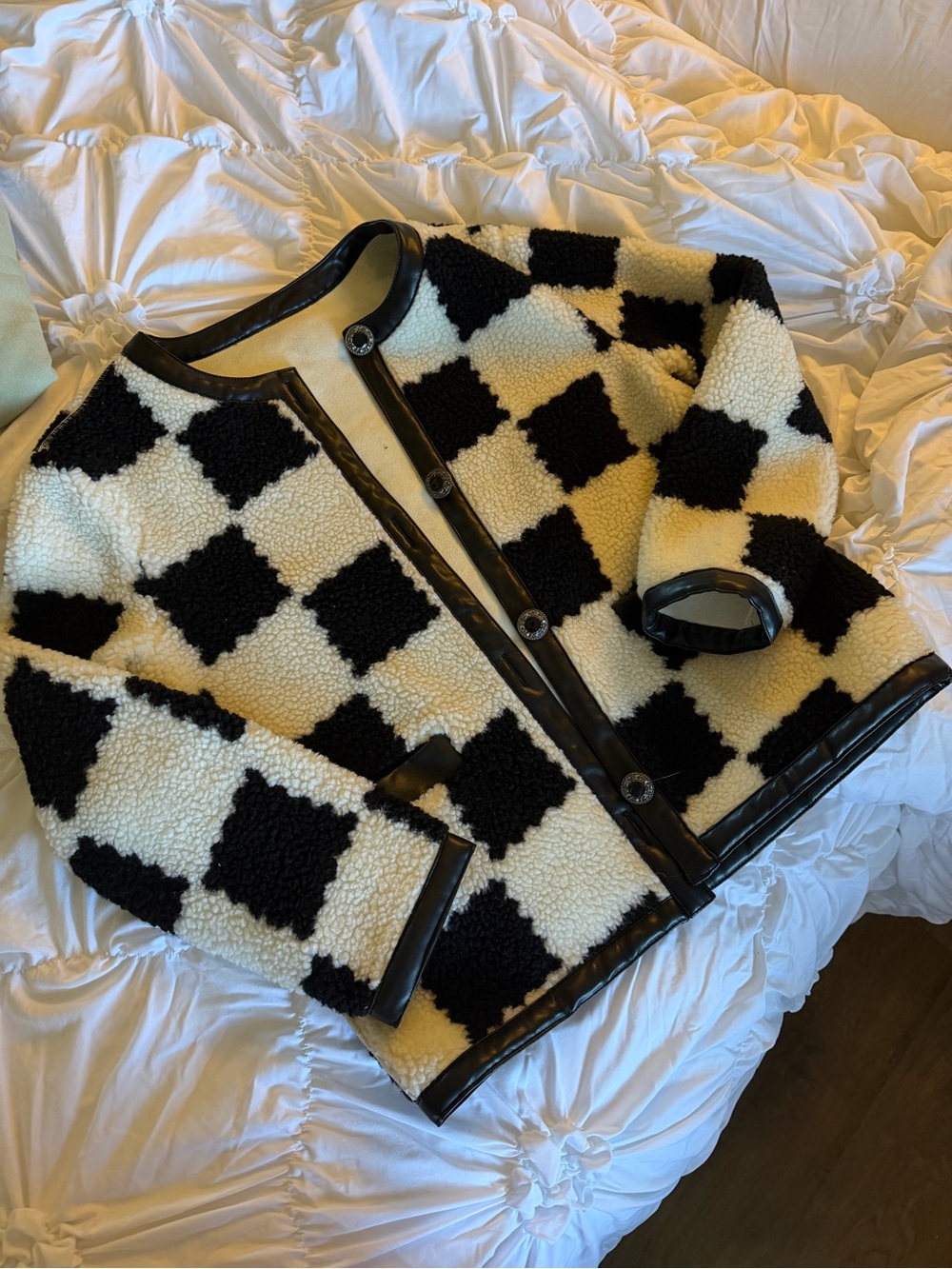 Black & Cream Checkerboard Sherpa Jacket